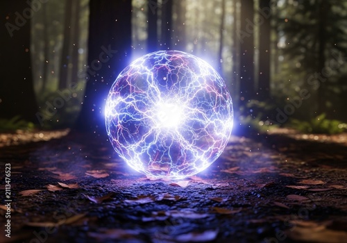 Bright plasma orb radiating light in a foggy woodland.