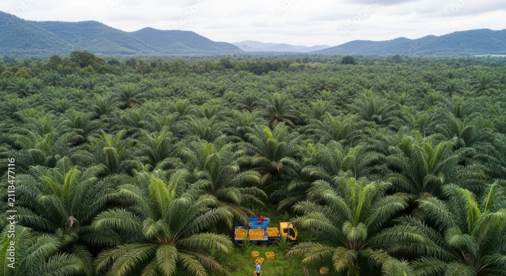 Fototapeta premium Aerial view of palm oil harvesting activity with workers and truck amidst a vast tropical plantation under a cloudy sky