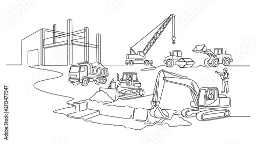 Continuous one line drawing of construction site with machinery and buildings.