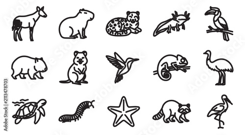 Bild auf Leinwand Set of 15 Black Outline Wild Animal Icons Vector