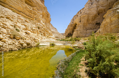 Fotografia A pool of rain water from winter rains remains in steep canyon known as Wadi Ein