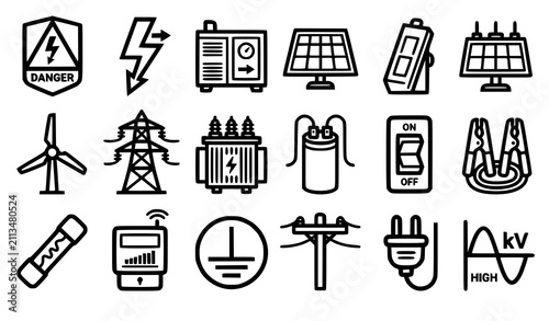 Bold line electricity vector icon set with minimalist thick black outline industrial power and utility elements