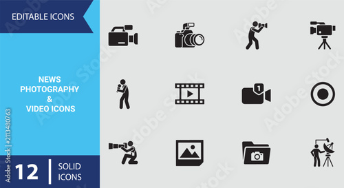 Fotografía News photography solid icons showcasing photojournalism camera field reporting m