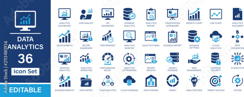 Data Analytics 36 editable solid icon set. Dashboard, KPI, database, reporting, charts, performance and analytics vector icons for UI, UX, web and app design.