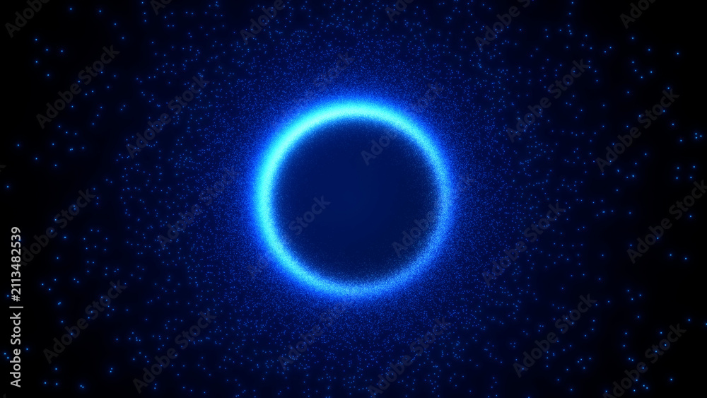 Fototapeta premium Glowing blue particle halo ring on dark background, futuristic abstract energy frame with radiant sci-fi atmosphere.