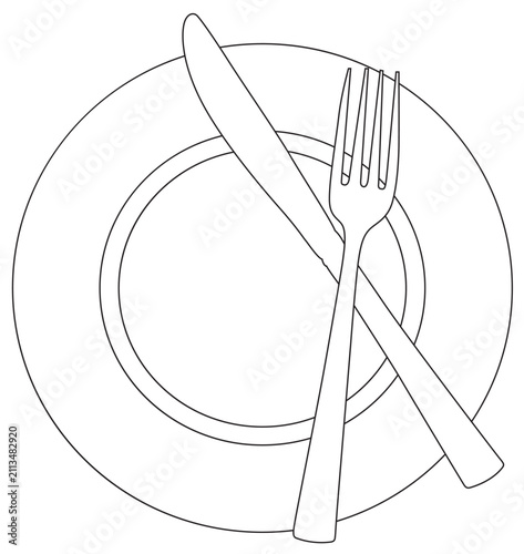 Plate with Crossed Fork and Knife Minimalist Table Setting Line Art Illustration