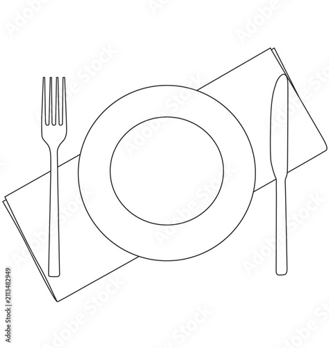Minimalist Plate with Fork Knife and Napkin Elegant Table Setting Line Art