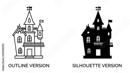 Quadro su tela Spooky Mansion Duo: A pair of haunted houses, presented in both an outline and a silhouette version, featuring turrets, arched windows, and a foreboding atmosphere, perfect for Halloween themes