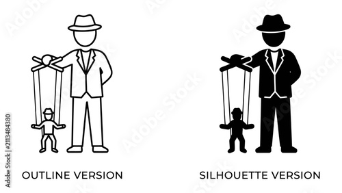 Foto Puppeteer and Marionette: Two stylized figures, one in outline and the other a silhouette, depict a puppeteer controlling a small marionette, symbolizing control and influence