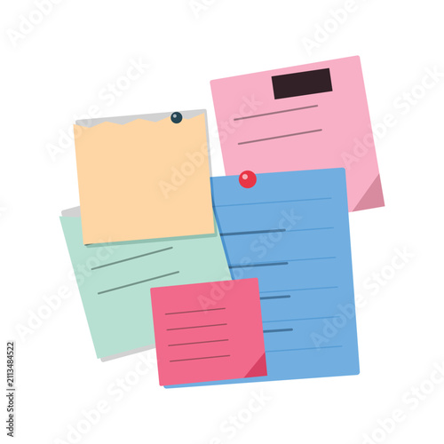 Collection of colorful paper sticky note memo pads with lines and pins isolated on white background