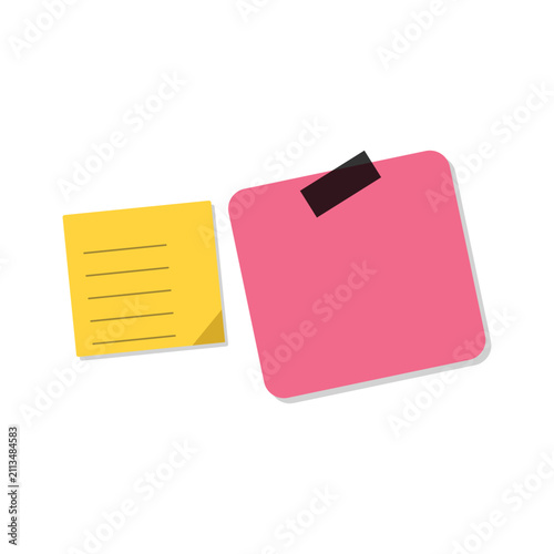 Pink and yellow sticky note paper sheets isolated on white background for office reminders and planning
