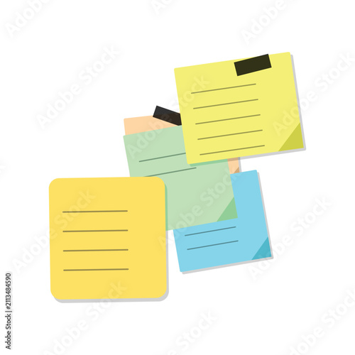A collection of colorful sticky note papers with handwritten text attached to a white office wall background