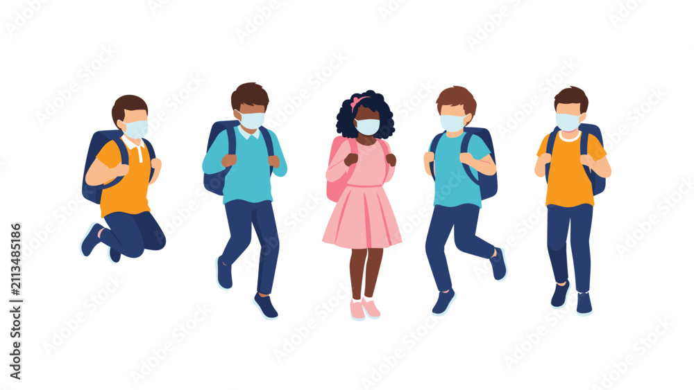 Obraz premium Group of diverse school children wearing backpacks and protective face masks while walking to school in new normal era.