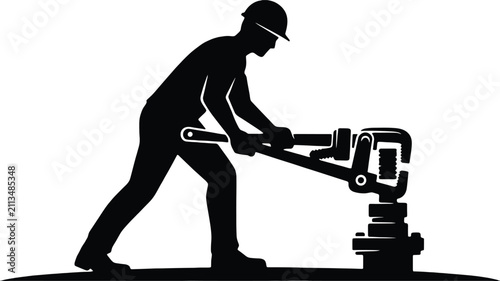 Schilderij op canvas Silhouette of a Worker Using a Large Pipe Wrench on Equipment plumbing