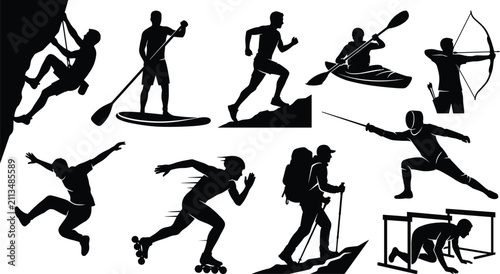Extreme Sports and Outdoor Adventure Silhouettes Set Featuring Climbing Kayaking Archery and Hiking Activities