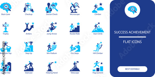 Success achievement flat icons collection representing growth progress and goals with symbols like trophy climb rocket jump ladder and podium for victory and ambition.