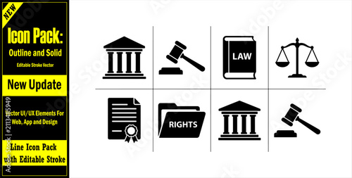 Law and justice solid icon set for legal legal services ux. Essential Minimal Vector Icons