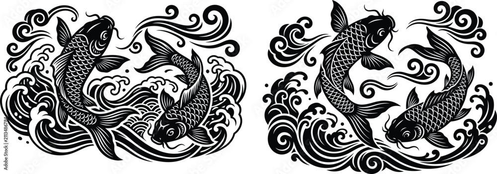 Fototapeta premium Traditional japanese koi fish swimming in flowing water waves with japanese traditional swimming ornamental silhouette