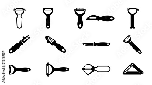 Bild auf Leinwand Kitchen Utensil Icons: Peeler Set, Vegetable Slicer, and Paring Knife Vector Gra