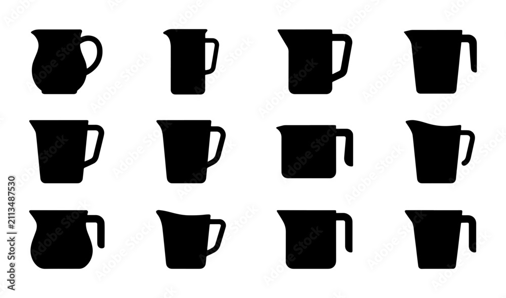 Obraz premium Pitcher Icons Set, Kitchen Jug Silhouettes, Measuring Cup Vector Collection, Cooking Vessel Graphics