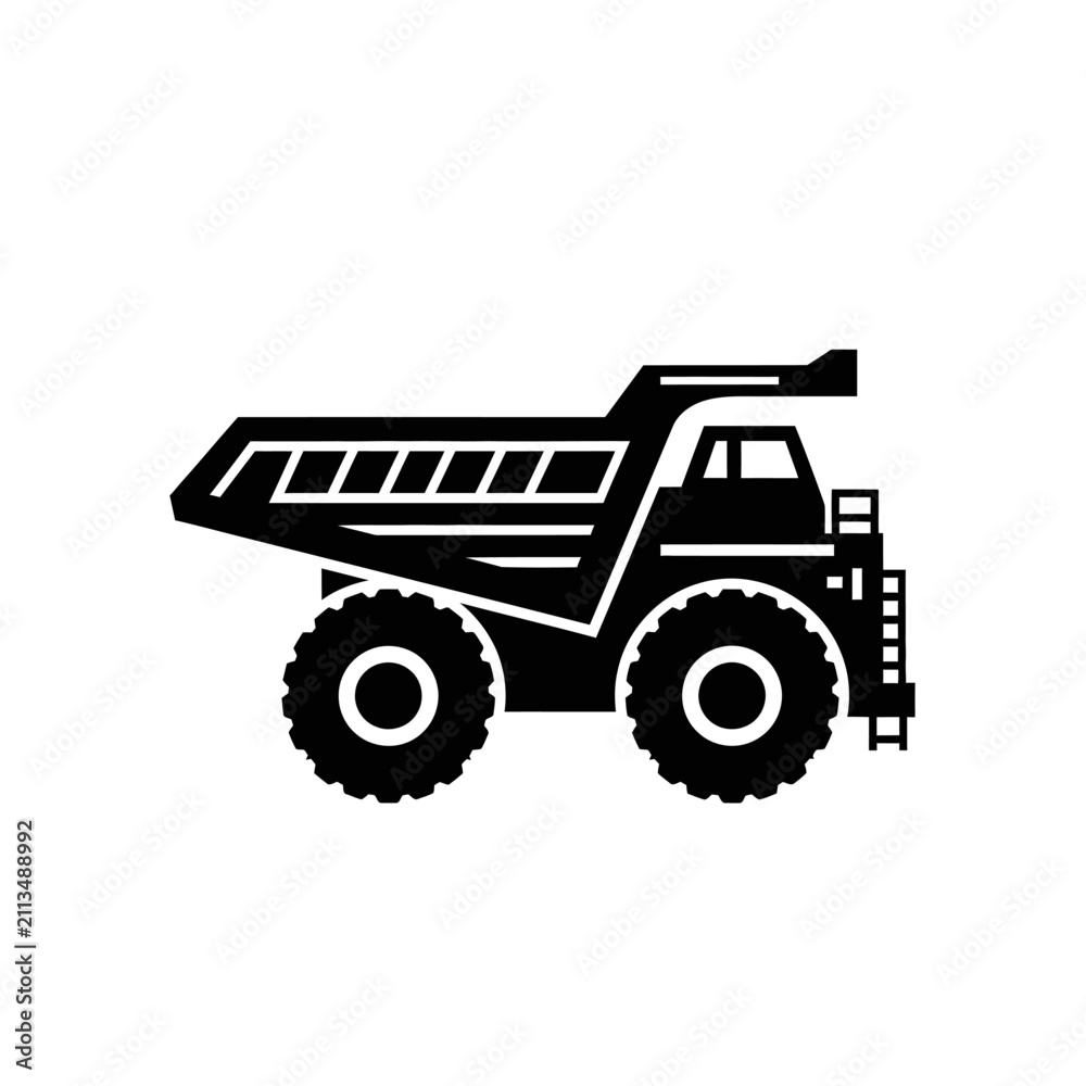 Fototapeta premium Elegant Black and White Silhouette of a Dump Truck with Large Wheels and an Open Cargo Bed with high quality professional line art symbols for modern creative design and digital branding projects