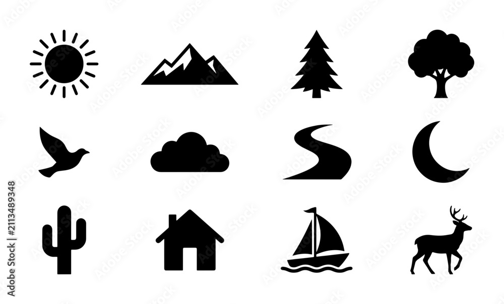 Fototapeta premium Nature Icons Set: Sun, Mountains, Trees, Bird, Cloud, River, Moon, Cactus, House, Sailboat, Deer, 12 Vector Elements for Outdoor and Landscape Design
