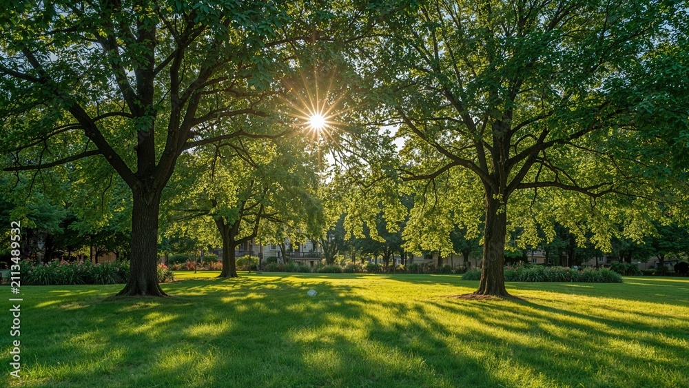 Obraz premium Sunlight shining through trees in a park with lush green grass and leaves, creating a peaceful and natural scene.