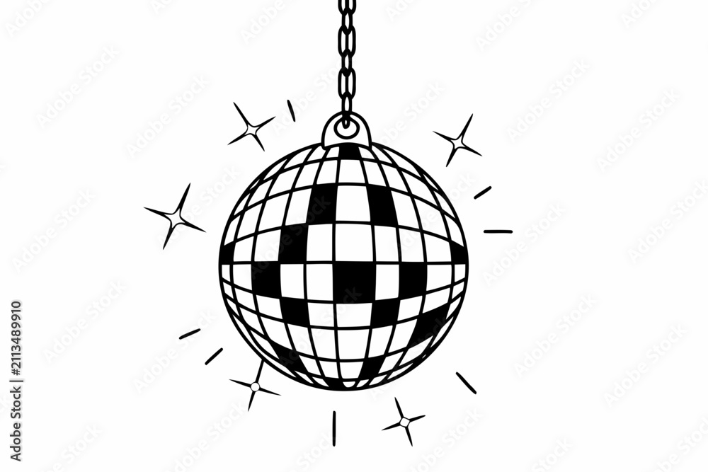 Fototapeta premium Mirrored disco ball with hanging chain. Reflective party decoration for celebrations and events.
