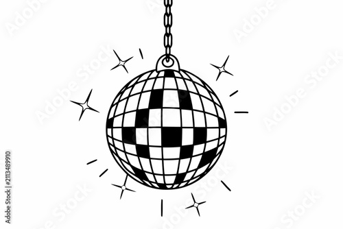 Mirrored disco ball with hanging chain. Reflective party decoration for celebrations and events.