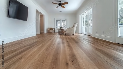 Spacious living room with hardwood floors and modern decor