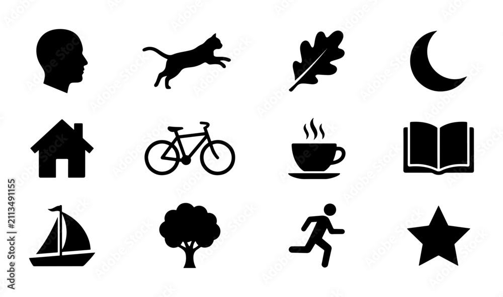 Fototapeta premium Vector Icon Set: Silhouette Symbols for Lifestyle, Nature, and Activities, Black and White Graphic Elements