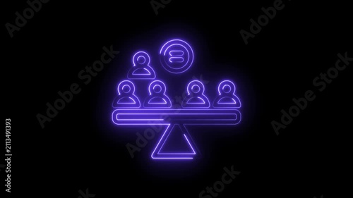 Neon glowing people icons on balance scale with euro coin symbol representing financial equality