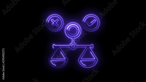 Neon glowing scales of justice with check mark and cross symbols representing decision making icon