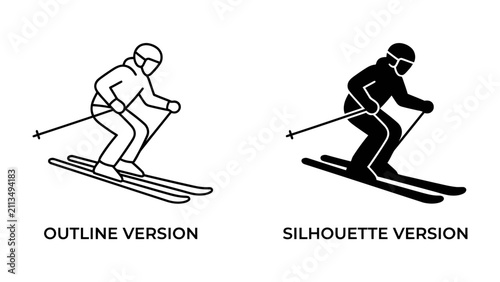Foto Skiing Icons: Outline and Silhouette Versions of a skier descending a slope, showing both a detailed line drawing and a solid black graphic representation of the sport