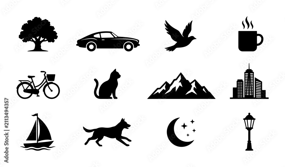 Fototapeta premium Diverse Silhouette Icon Set: Nature, Transport, Animals, Cityscape, Celestial, Objects, 12 Vector Elements for Design