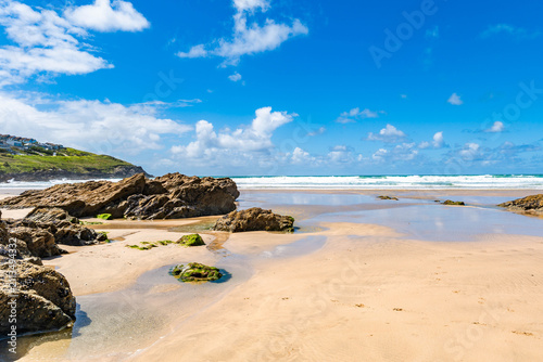 View of the vast empty Fistral beach in Newquay, UK
