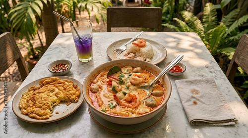 Authentic Tom Yum Goong served on a marble table in a lush tropical garden restaurant