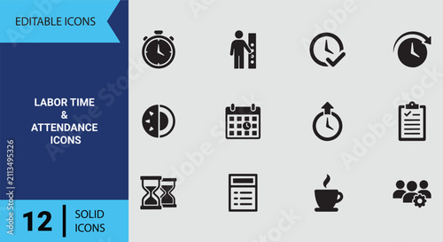 Labor time and attendance icons featuring clock tracking shift punch card management solid icon set