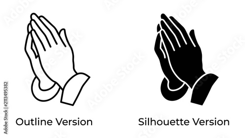 Obraz na plátne Praying Hands Icon: Two versions of a praying hands icon, one in outline and one in silhouette, symbolizing faith, devotion, and hope