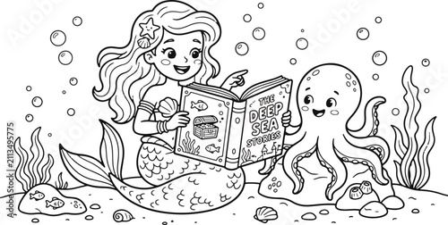 Obraz na plátně Cute cartoon mermaid and friendly octopus playing with a treasure chest underwat