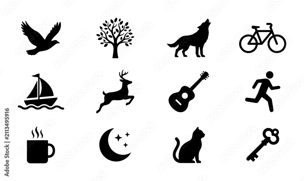 Fototapeta premium Set of 12 Black Silhouette Icons: Nature, Animals, Objects, and Activities for Graphic Design and Web Use