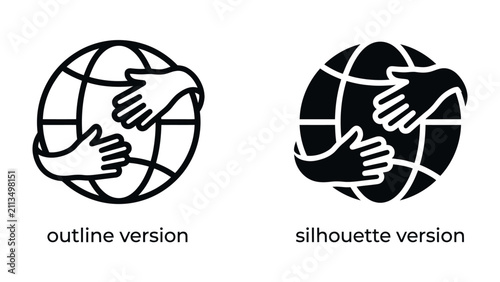 Canvastavla Global Embrace: Two distinct graphic icons depict hands embracing a globe, symbolizing international unity, care, and connection