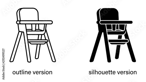 Bild auf Leinwand Highchair Outline and Silhouette: Two graphic representations of a baby's highchair, one in outline and one in solid silhouette, showcase essential baby furniture