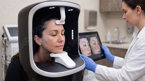 A dermatologist wearing blue gloves holds a tablet showing a before and after comparison of ad social media download thambnail poster web template event festival 2026 2027 2028