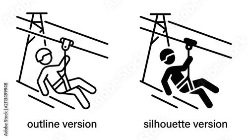 Foto Zipline Adventure Icons: Two graphic representations, one an outline and the other a silhouette, depict a person safely attached to a zipline, ready for a thrilling ride through the air