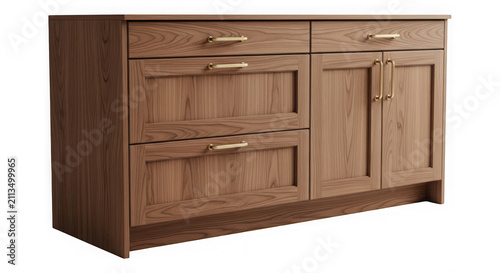 Modern wooden kitchen cabinet with drawers and gold handles