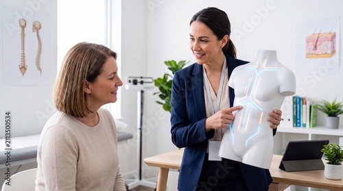 A female doctor in a white coat explains digestive health to a patient by pointing at an ad social media download thambnail poster web template event festival 2026 2027 2028