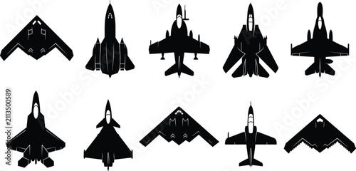 Obraz na płótnie Silhouettes of military aircraft showing diverse fighter jet and stealth plane d