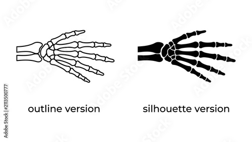 Bild auf Leinwand Hand Skeleton Icon Set: A comparative depiction of a human hand skeleton, presented in both an outline and a silhouette version, highlighting anatomical structure