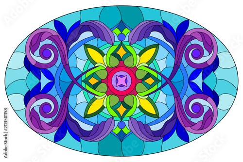 Illustration in stained glass style with abstract flowers, leaves and curls on a blue background,oval image